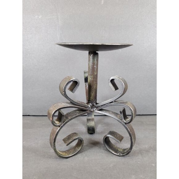 Black Metal Scroll Candlestick / Plant Stand 6″ x 4″ Wrought Iron Pedestal - Picture 1 of 7